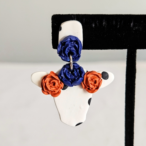 SD Handmade Blue & Burnt Orange Flower Tiara Cow Polymer Clay Dangling Earrings - Picture 2 of 5